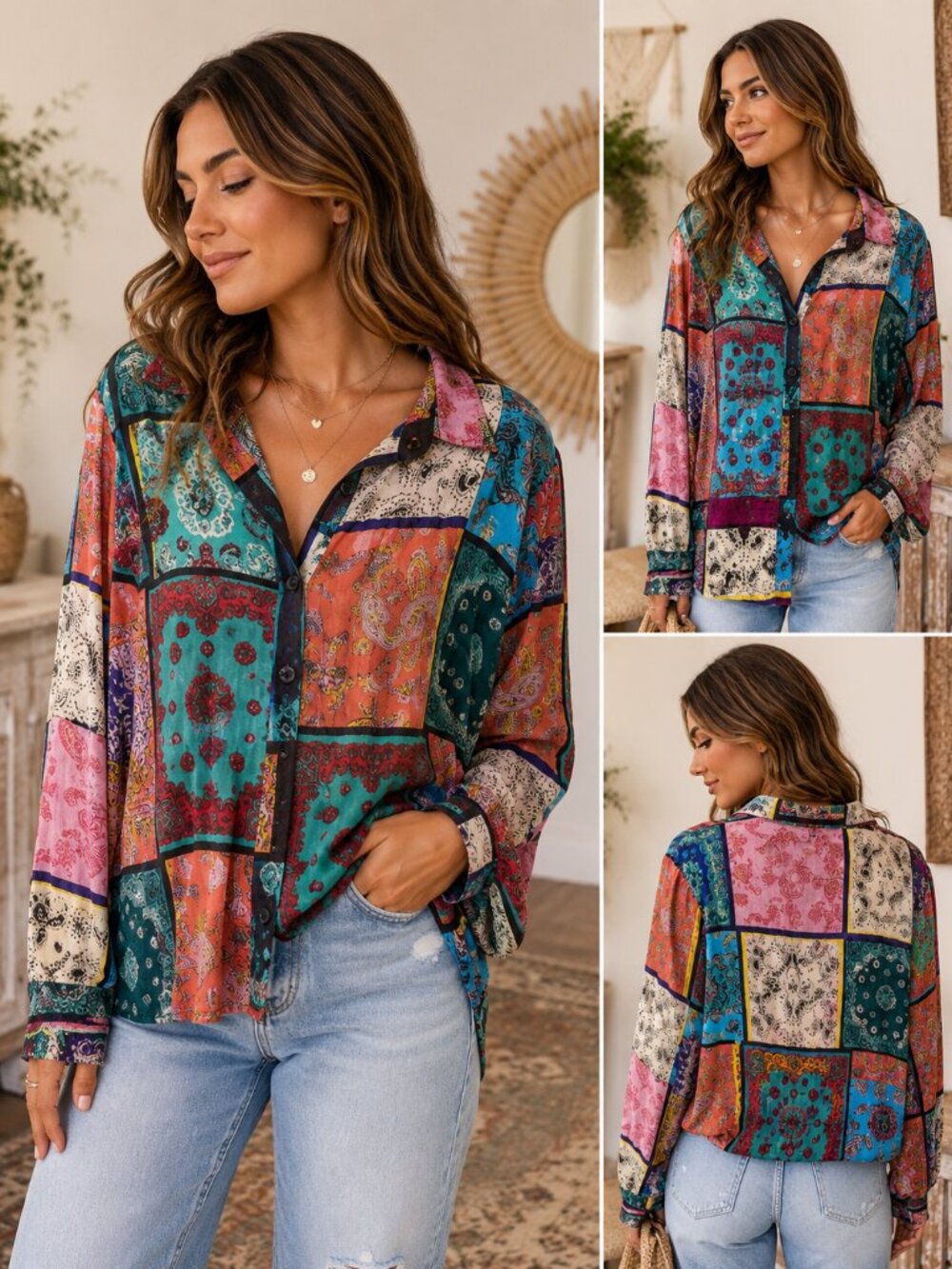 Boho Jane Patchwork Paisley Cotton Button Up Top M
